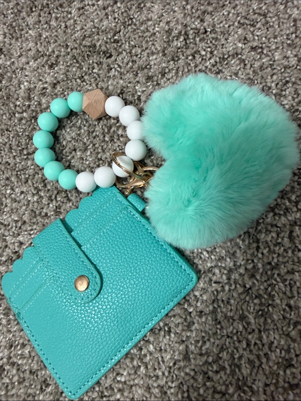 Mint Green Beaded Wristlet Keychain Card Holder Pom Pom